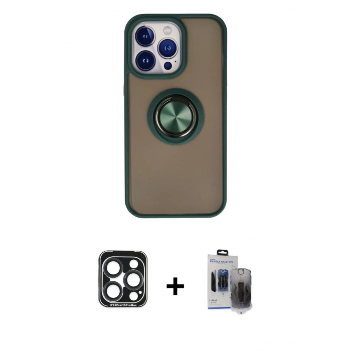 MARSİLYAN™- iPhone 15 Pro Max Kılıf Yörünge Çizgi - Siyah Vanessa Magic Hayalet Cam + PVD Metal Kamera Lens - LT
