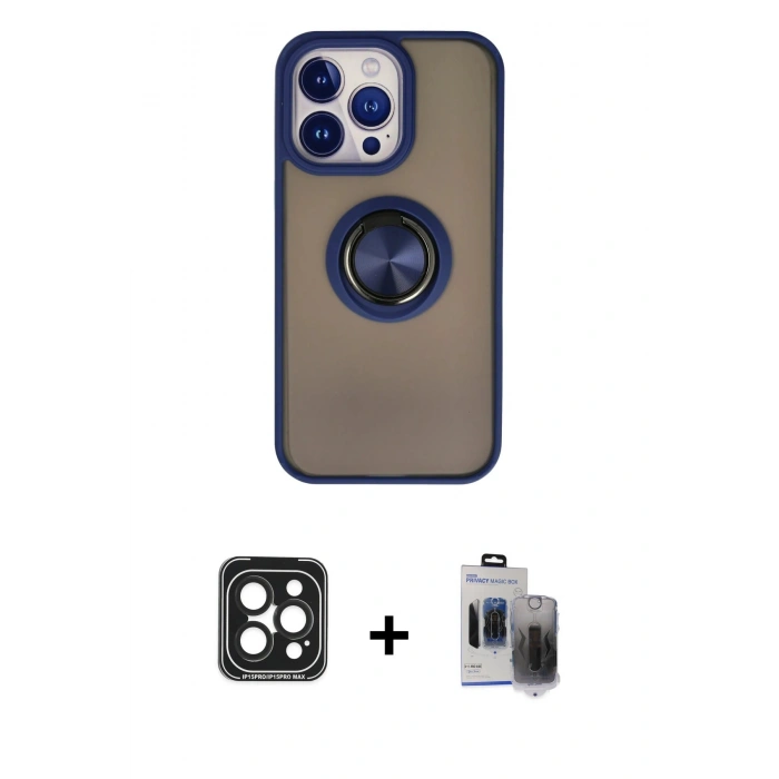 MARSİLYAN™- iPhone 15 Pro Max Kılıf Yörünge Çizgi - Siyah Vanessa Magic Hayalet Cam + PVD Metal Kamera Lens - SH