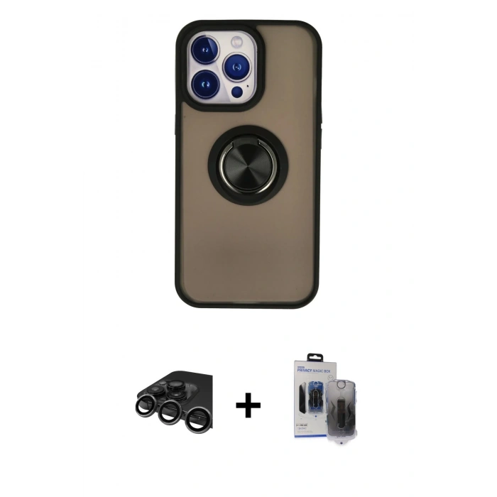 MARSİLYAN™- iPhone 15 Pro Max Kılıf Yörünge Çizgi - Siyah Vanessa Magic Hayalet Cam + Raze Metal Kamera Lens - TMGI