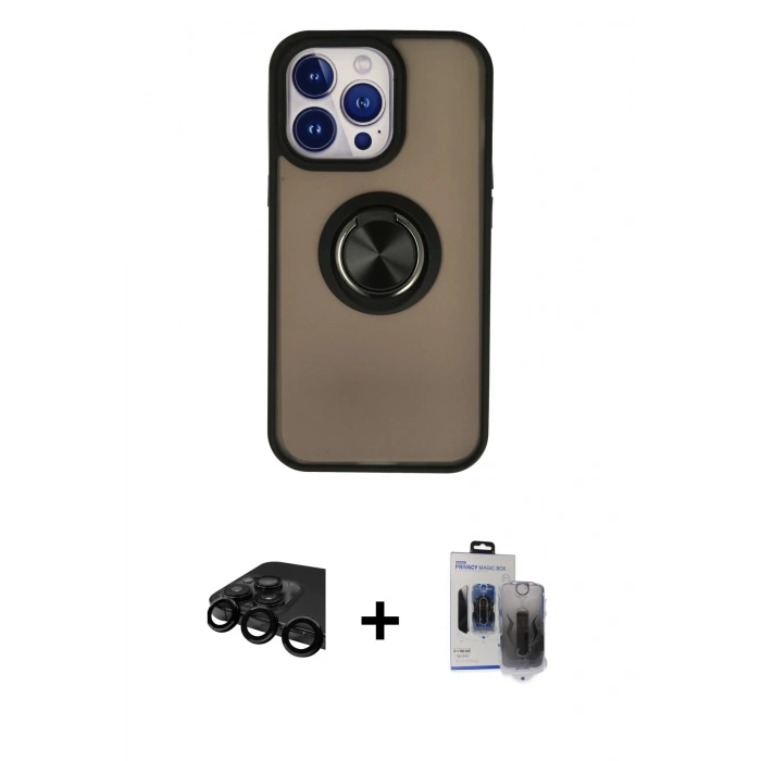 MARSİLYAN™- iPhone 15 Pro Max Kılıf Yörünge Çizgi - Siyah Vanessa Magic Hayalet Cam + Raze Metal Kamera Lens - SH