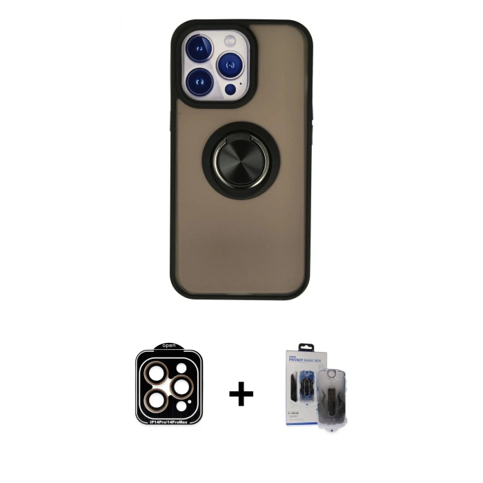 MARSİLYAN™- iPhone 15 Pro Max Kılıf Yörünge Çizgi - Siyah Vanessa Magic Hayalet Cam + PVD Metal Kamera Lens - TU