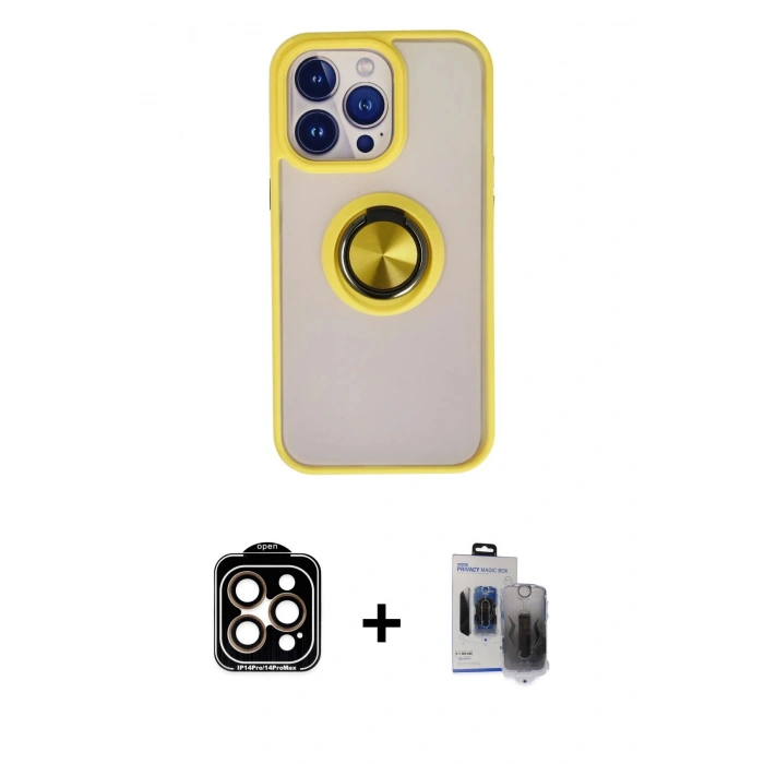 MARSİLYAN™- iPhone 15 Pro Max Kılıf Yörünge Çizgi - Siyah Vanessa Magic Hayalet Cam + PVD Metal Kamera Lens - TU