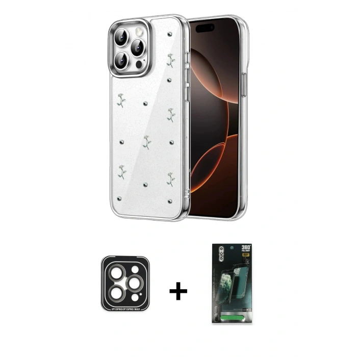 MARSİLYAN™- iPhone 15 Pro Max Kılıf Yörünge Form - Şeffaf 360 Full Body Arka Koruyucu + PVD Metal Kamera Lens - GI