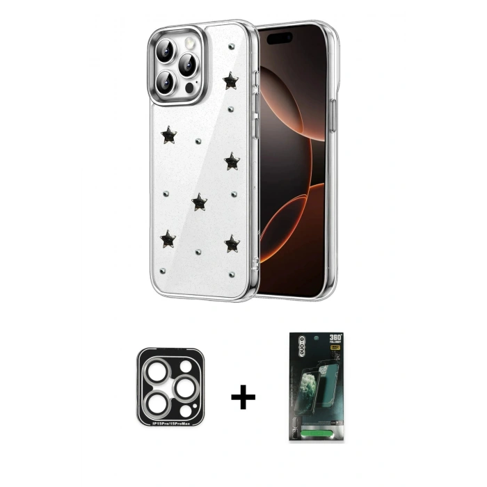 MARSİLYAN™- iPhone 15 Pro Max Kılıf Yörünge Form - Siyah 360 Mat Full Body Arka Koruyucu + PVD Metal Kamera Lens - GS