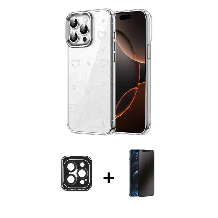 MARSİLYAN™- iPhone 15 Pro Max Kılıf Yörünge Form - Siyah 3D Antistatik Hayalet Cam Ekran Koruyucu + PVD Metal Kamera Lens - SH