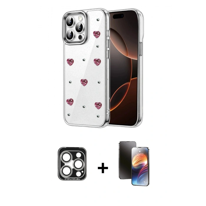 MARSİLYAN™- iPhone 15 Pro Max Kılıf Yörünge Form - Siyah 3D Antistatik Mat Seramik Nano Ekran Koruyucu + PVD Metal Kamera Lens - GS