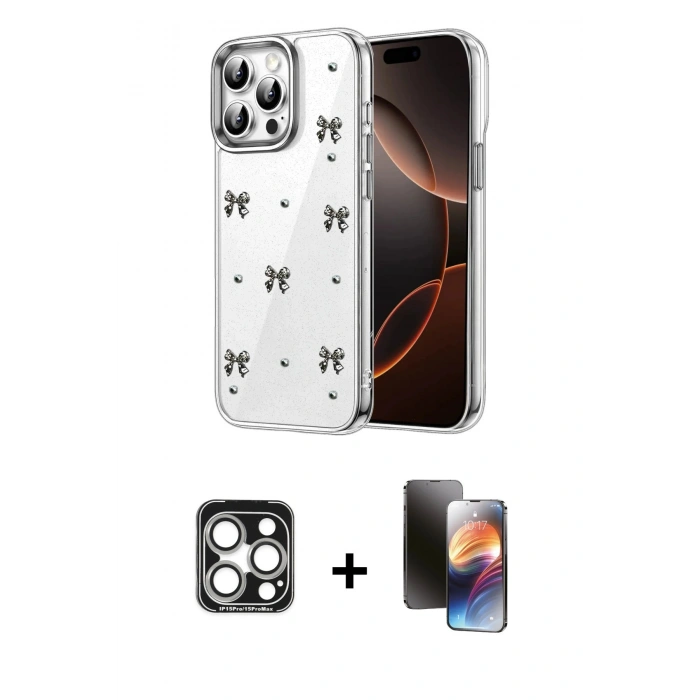 MARSİLYAN™- iPhone 15 Pro Max Kılıf Yörünge Form - Siyah 3D Antistatik Mat Seramik Nano Ekran Koruyucu + PVD Metal Kamera Lens - GS