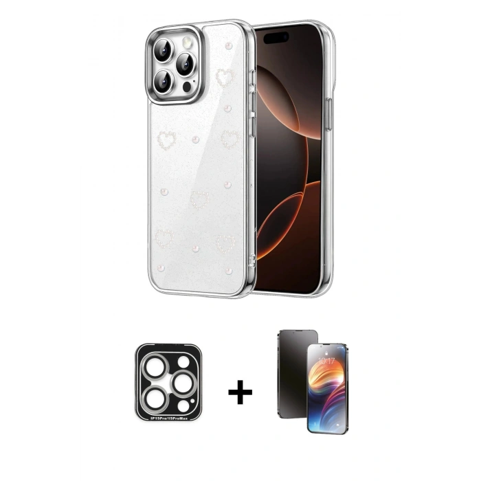 MARSİLYAN™- iPhone 15 Pro Max Kılıf Yörünge Form - Siyah 3D Antistatik Mat Seramik Nano Ekran Koruyucu + PVD Metal Kamera Lens - GS