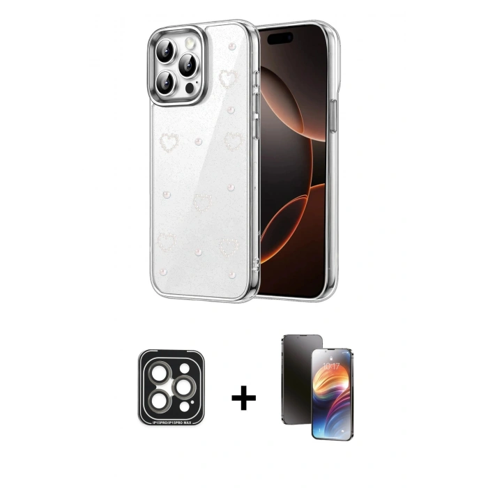 MARSİLYAN™- iPhone 15 Pro Max Kılıf Yörünge Form - Siyah 3D Antistatik Mat Seramik Nano Ekran Koruyucu + PVD Metal Kamera Lens - GI
