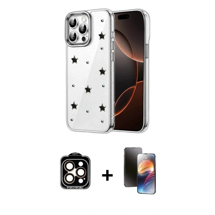 MARSİLYAN™- iPhone 15 Pro Max Kılıf Yörünge Form - Siyah 3D Antistatik Mat Seramik Nano Ekran Koruyucu + PVD Metal Kamera Lens - TU