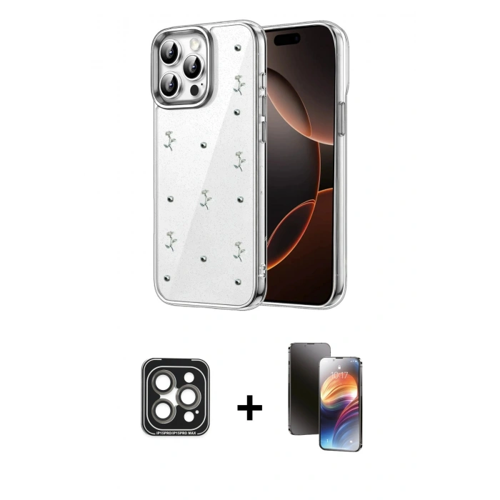 MARSİLYAN™- iPhone 15 Pro Max Kılıf Yörünge Form - Siyah 3D Antistatik Mat Seramik Nano Ekran Koruyucu + PVD Metal Kamera Lens - GI