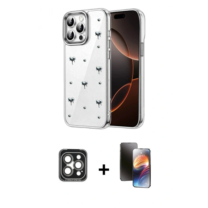 MARSİLYAN™- iPhone 15 Pro Max Kılıf Yörünge Form - Siyah 3D Antistatik Mat Seramik Nano Ekran Koruyucu + PVD Metal Kamera Lens - GI