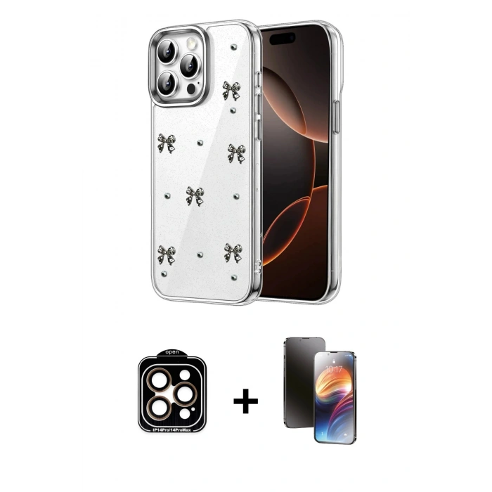 MARSİLYAN™- iPhone 15 Pro Max Kılıf Yörünge Form - Siyah 3D Antistatik Mat Seramik Nano Ekran Koruyucu + PVD Metal Kamera Lens - TU