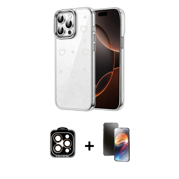 MARSİLYAN™- iPhone 15 Pro Max Kılıf Yörünge Form - Siyah 3D Antistatik Mat Seramik Nano Ekran Koruyucu + PVD Metal Kamera Lens - TU