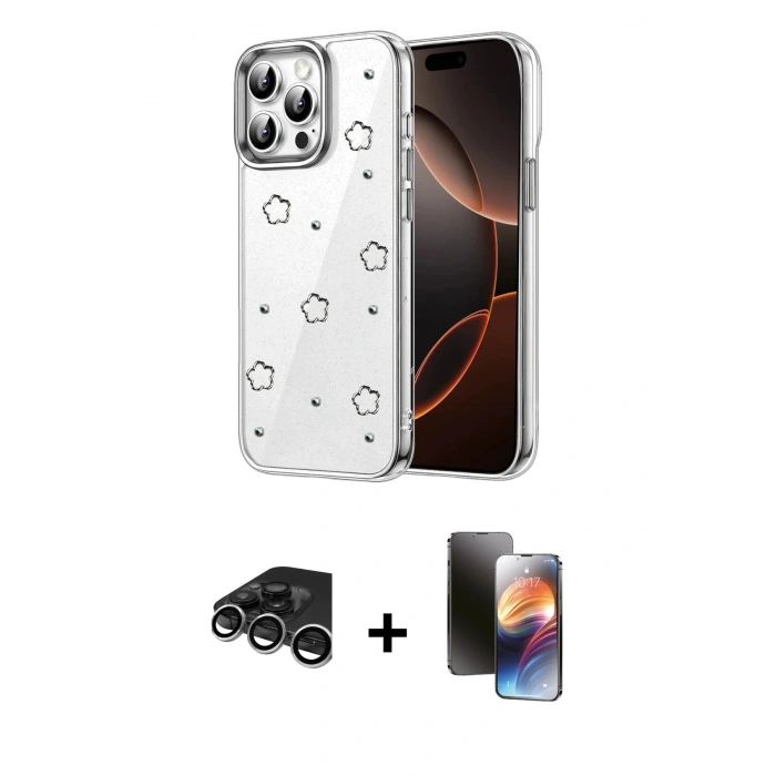 MARSİLYAN™- iPhone 15 Pro Max Kılıf Yörünge Form - Siyah 3D Antistatik Mat Seramik Nano Ekran Koruyucu + Raze Metal Kamera Lens - GS
