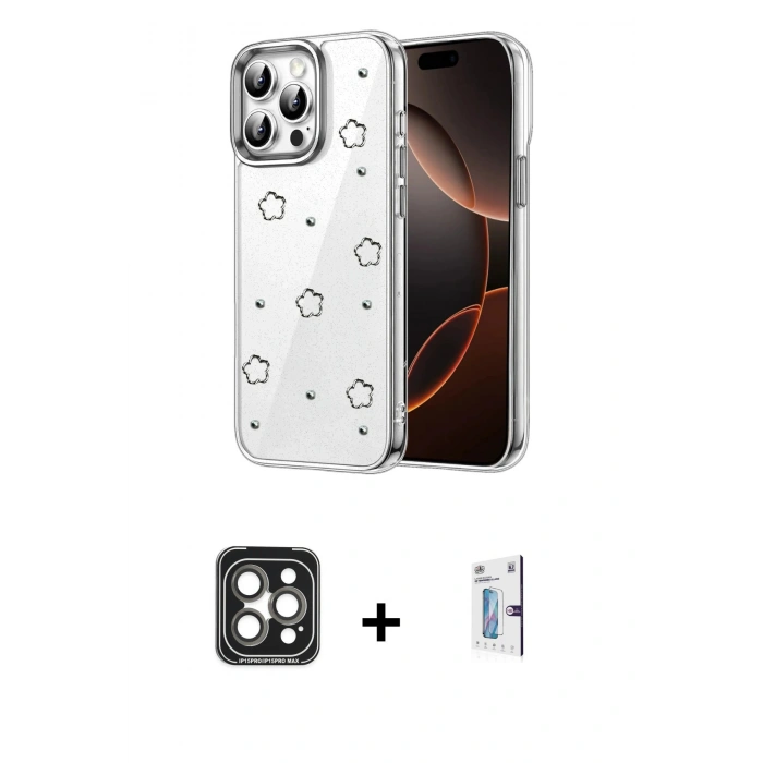 MARSİLYAN™- iPhone 15 Pro Max Kılıf Yörünge Form - Siyah Bilvis 0.18mm Plus Cam Ekran Koruyucu + PVD Metal Kamera Lens - GI