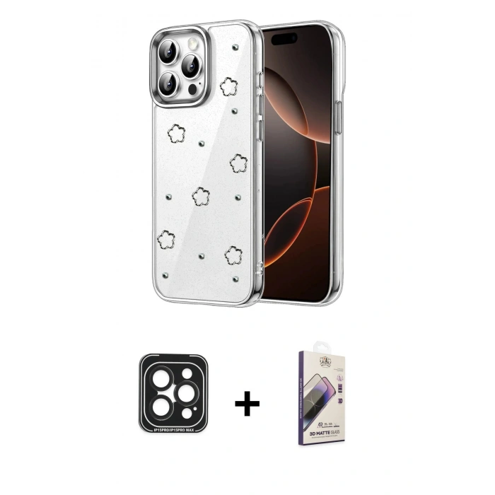 MARSİLYAN™- iPhone 15 Pro Max Kılıf Yörünge Form - Siyah Bilvis 3D Mat Cam Ekran Koruyucu + PVD Metal Kamera Lens - SH