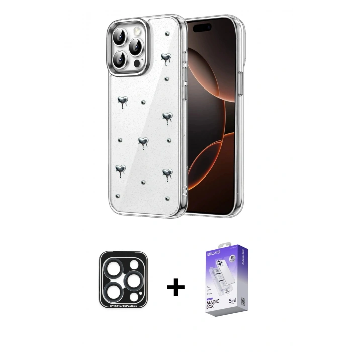 MARSİLYAN™- iPhone 15 Pro Max Kılıf Yörünge Form - Siyah Bilvis 5in1 3D Magic Cam Ekran Koruyucu + PVD Metal Kamera Lens - LT
