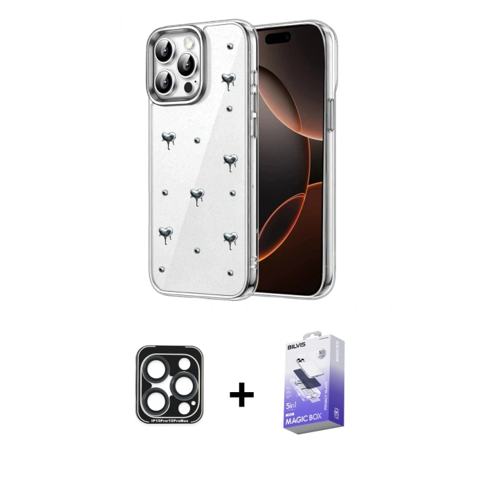 MARSİLYAN™- iPhone 15 Pro Max Kılıf Yörünge Form - Siyah Bilvis 5in1 5D Magic Hayalet Cam Ekran Koruyucu + PVD Metal Kamera Lens - LT