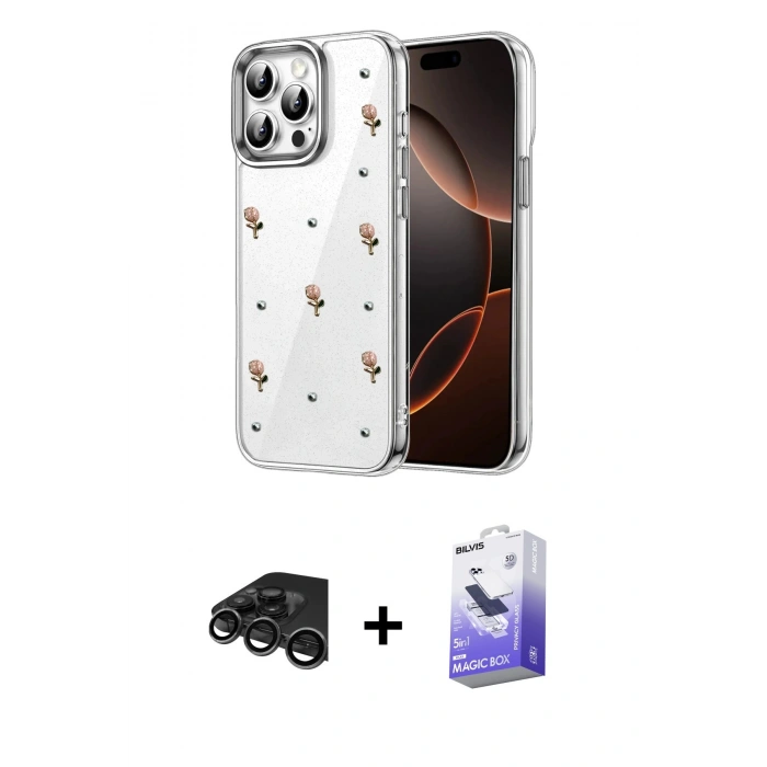 MARSİLYAN™- iPhone 15 Pro Max Kılıf Yörünge Form - Siyah Bilvis 5in1 5D Magic Hayalet Cam Ekran Koruyucu + Raze Metal Kamera Lens - TMGI
