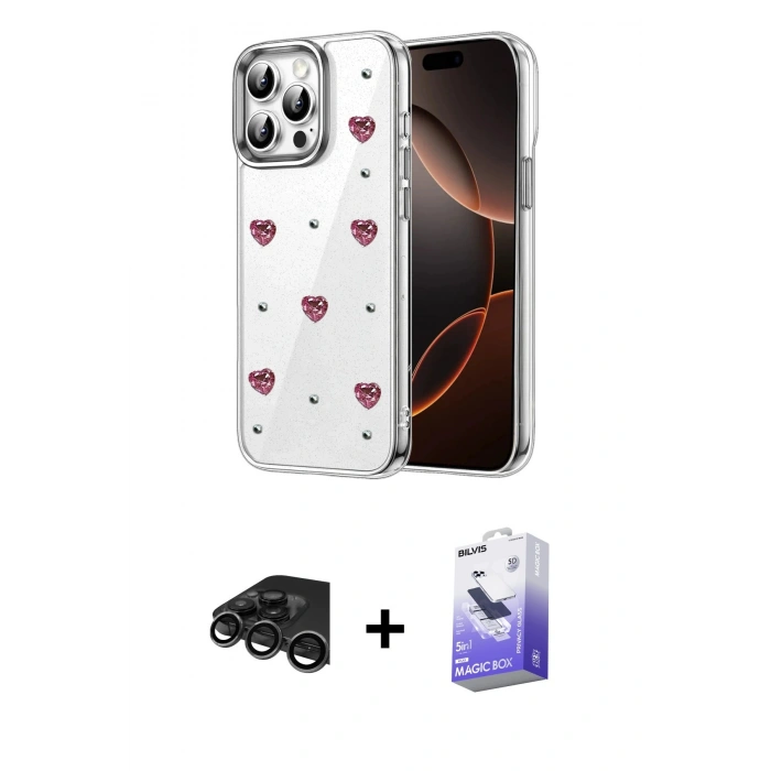 MARSİLYAN™- iPhone 15 Pro Max Kılıf Yörünge Form - Siyah Bilvis 5in1 5D Magic Hayalet Cam Ekran Koruyucu + Raze Metal Kamera Lens - TMGI