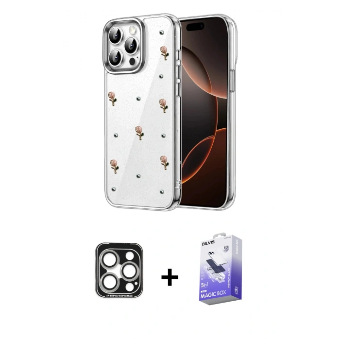 MARSİLYAN™- iPhone 15 Pro Max Kılıf Yörünge Form - Siyah Bilvis 5in1 5D Magic Hayalet Cam Ekran Koruyucu + PVD Metal Kamera Lens - GS