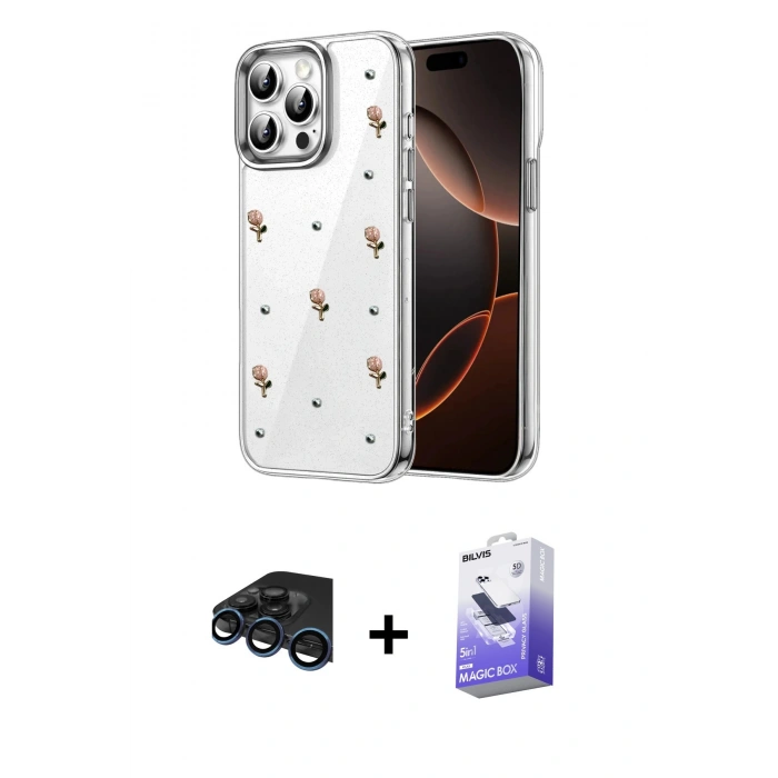 MARSİLYAN™- iPhone 15 Pro Max Kılıf Yörünge Form - Siyah Bilvis 5in1 5D Magic Hayalet Cam Ekran Koruyucu + Raze Metal Kamera Lens - LT