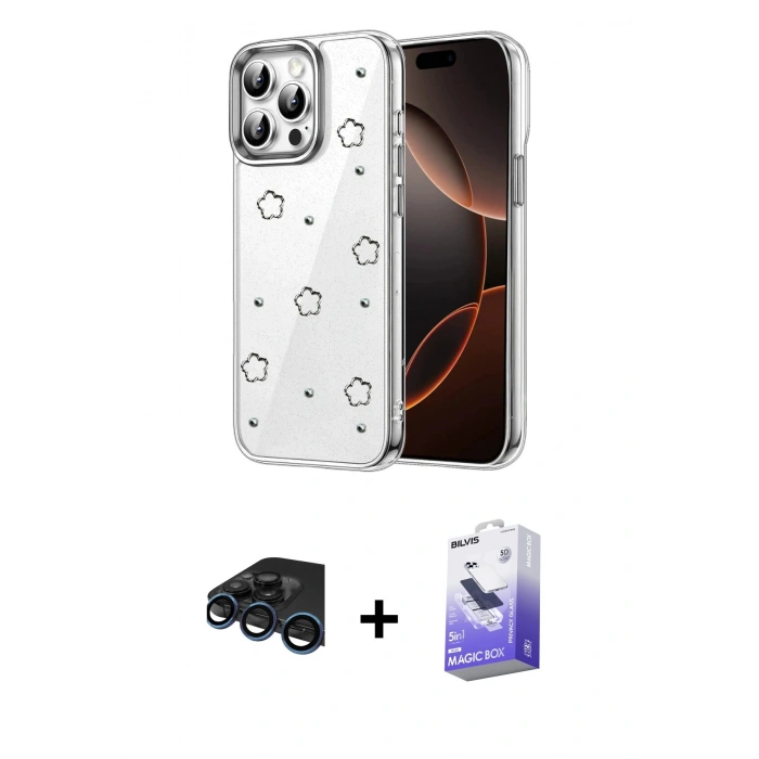 MARSİLYAN™- iPhone 15 Pro Max Kılıf Yörünge Form - Siyah Bilvis 5in1 5D Magic Hayalet Cam Ekran Koruyucu + Raze Metal Kamera Lens - LT