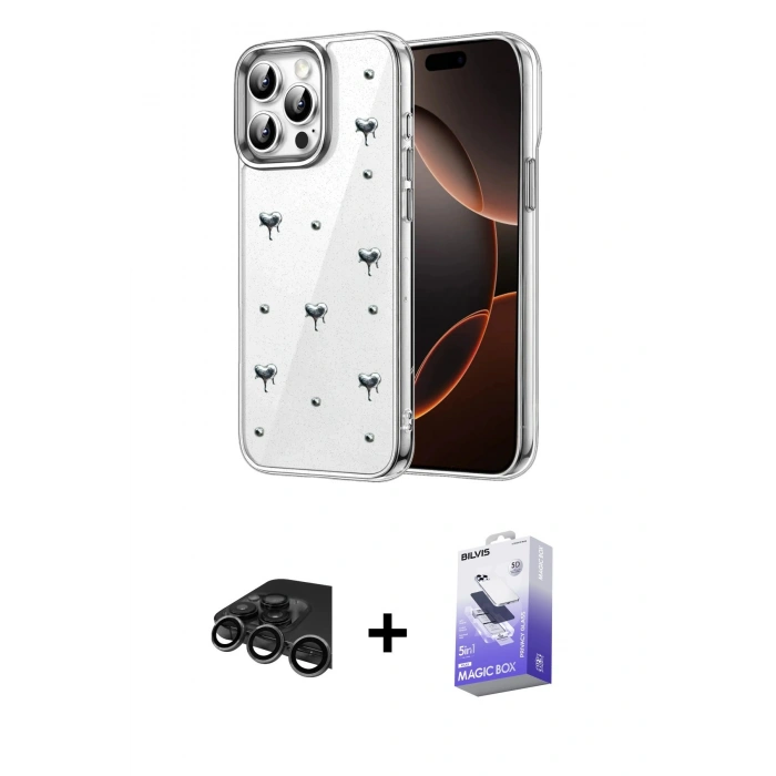 MARSİLYAN™- iPhone 15 Pro Max Kılıf Yörünge Form - Siyah Bilvis 5in1 5D Magic Hayalet Cam Ekran Koruyucu + Raze Metal Kamera Lens - TMGI