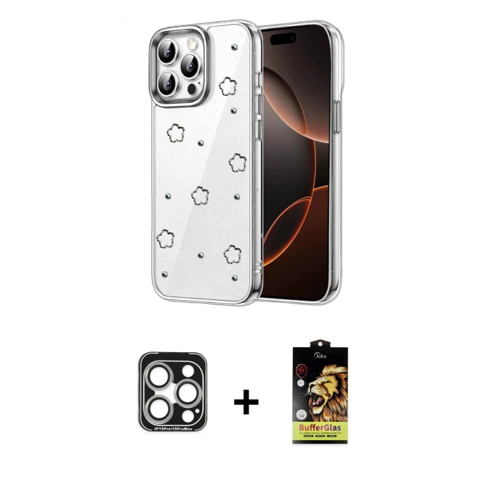 MARSİLYAN™- iPhone 15 Pro Max Kılıf Yörünge Form - Siyah Buffer Cam Ekran Koruyucu + PVD Metal Kamera Lens - GS