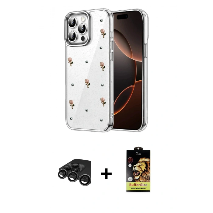 MARSİLYAN™- iPhone 15 Pro Max Kılıf Yörünge Form - Siyah Buffer Cam Ekran Koruyucu + Raze Metal Kamera Lens - TMGI