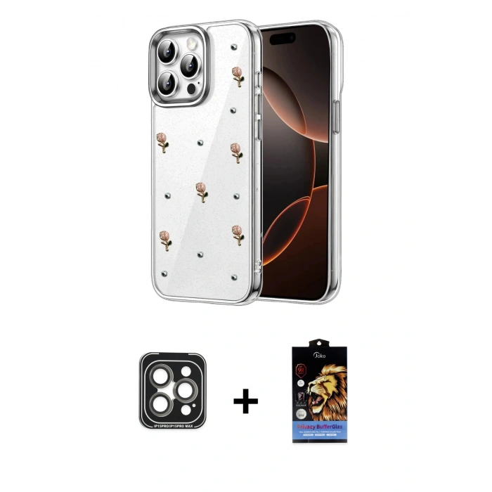 MARSİLYAN™- iPhone 15 Pro Max Kılıf Yörünge Form - Siyah Buffer Hayalet Cam Ekran Koruyucu + PVD Metal Kamera Lens - GI