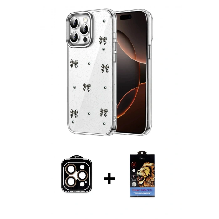 MARSİLYAN™- iPhone 15 Pro Max Kılıf Yörünge Form - Siyah Buffer Hayalet Cam Ekran Koruyucu + PVD Metal Kamera Lens - TU