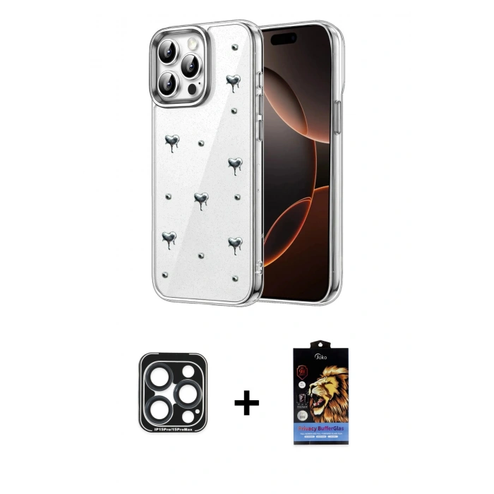 MARSİLYAN™- iPhone 15 Pro Max Kılıf Yörünge Form - Siyah Buffer Hayalet Cam Ekran Koruyucu + PVD Metal Kamera Lens - LT