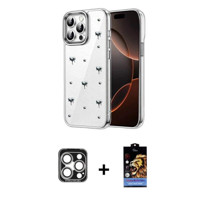MARSİLYAN™- iPhone 15 Pro Max Kılıf Yörünge Form - Siyah Buffer Hayalet Cam Ekran Koruyucu + PVD Metal Kamera Lens - GS