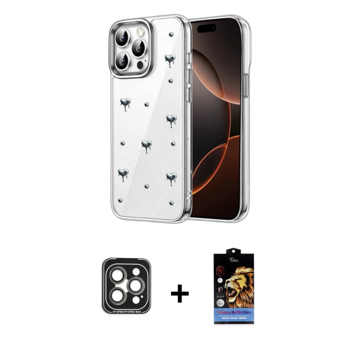 MARSİLYAN™- iPhone 15 Pro Max Kılıf Yörünge Form - Siyah Buffer Hayalet Cam Ekran Koruyucu + PVD Metal Kamera Lens - GI