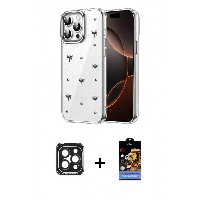 MARSİLYAN™- iPhone 15 Pro Max Kılıf Yörünge Form - Siyah Buffer Hayalet Cam Ekran Koruyucu + PVD Metal Kamera Lens - SH
