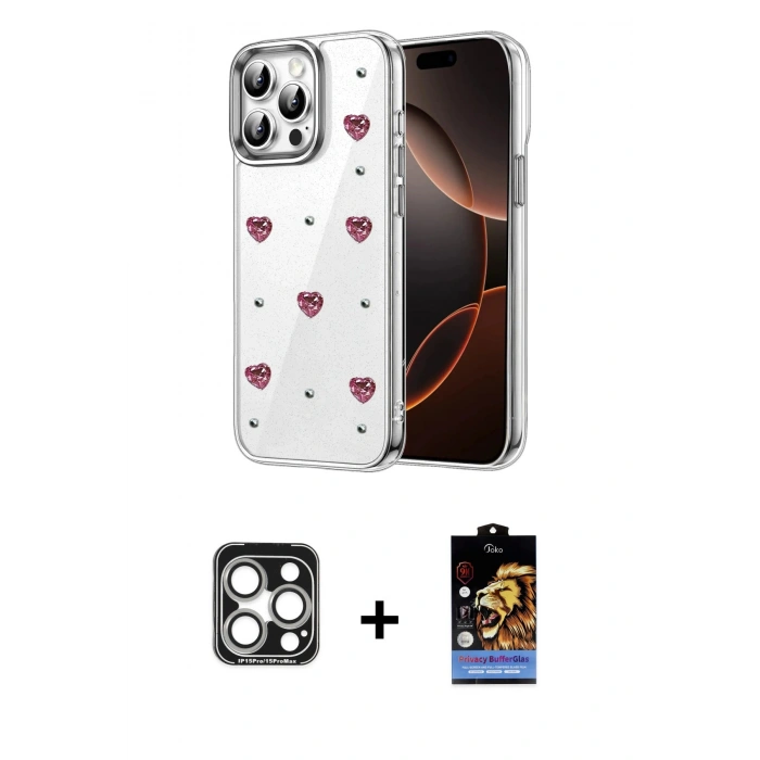 MARSİLYAN™- iPhone 15 Pro Max Kılıf Yörünge Form - Siyah Buffer Hayalet Cam Ekran Koruyucu + PVD Metal Kamera Lens - GS