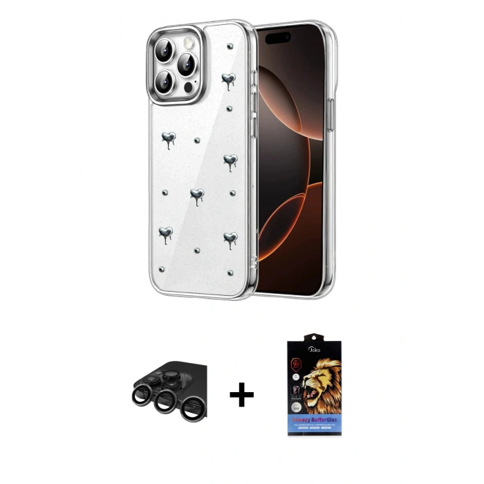 MARSİLYAN™- iPhone 15 Pro Max Kılıf Yörünge Form - Siyah Buffer Hayalet Cam Ekran Koruyucu + Raze Metal Kamera Lens - TMGI