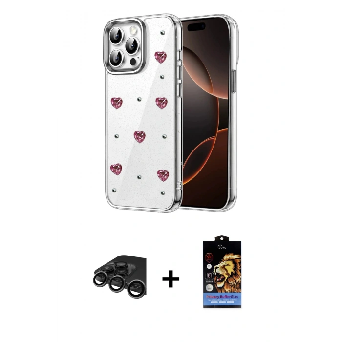 MARSİLYAN™- iPhone 15 Pro Max Kılıf Yörünge Form - Siyah Buffer Hayalet Cam Ekran Koruyucu + Raze Metal Kamera Lens - TMGI