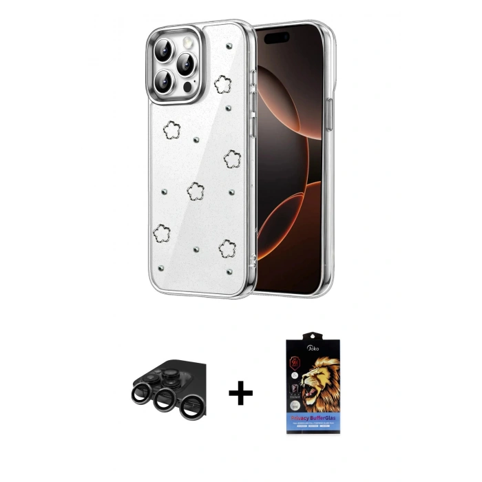 MARSİLYAN™- iPhone 15 Pro Max Kılıf Yörünge Form - Siyah Buffer Hayalet Cam Ekran Koruyucu + Raze Metal Kamera Lens - TMGI