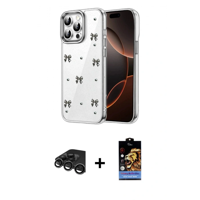 MARSİLYAN™- iPhone 15 Pro Max Kılıf Yörünge Form - Siyah Buffer Hayalet Cam Ekran Koruyucu + Raze Metal Kamera Lens - TMGI