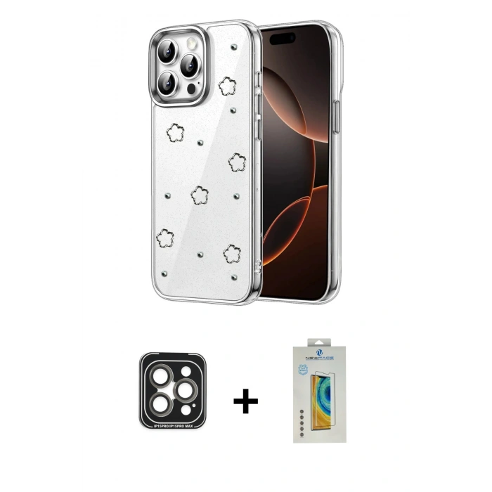 MARSİLYAN™- iPhone 15 Pro Max Kılıf Yörünge Form - Siyah Polymer Nano Ekran Koruyucu + PVD Metal Kamera Lens - GI