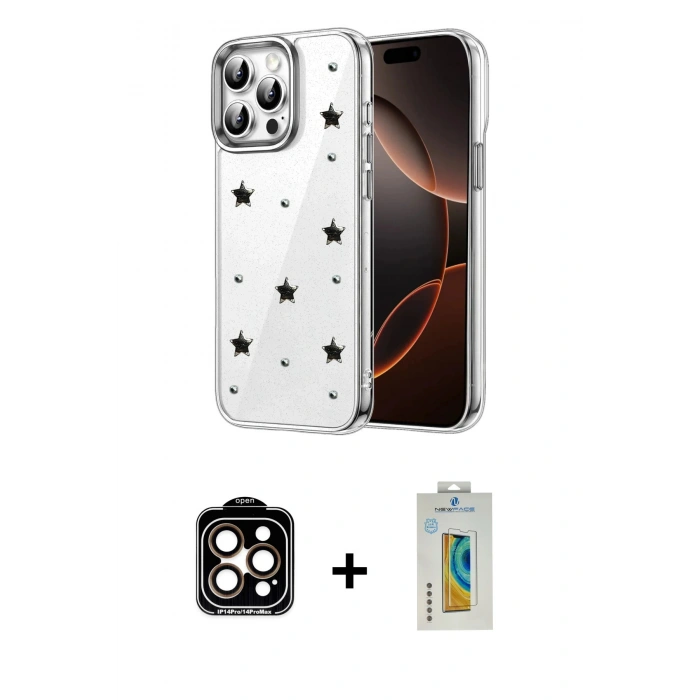 MARSİLYAN™- iPhone 15 Pro Max Kılıf Yörünge Form - Siyah Polymer Nano Ekran Koruyucu + PVD Metal Kamera Lens - TU