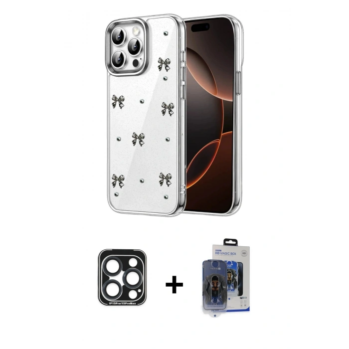 MARSİLYAN™- iPhone 15 Pro Max Kılıf Yörünge Form - Siyah Vanessa Magic Cam + PVD Metal Kamera Lens - LT