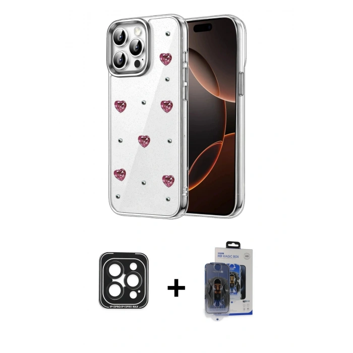 MARSİLYAN™- iPhone 15 Pro Max Kılıf Yörünge Form - Siyah Vanessa Magic Cam + PVD Metal Kamera Lens - SH