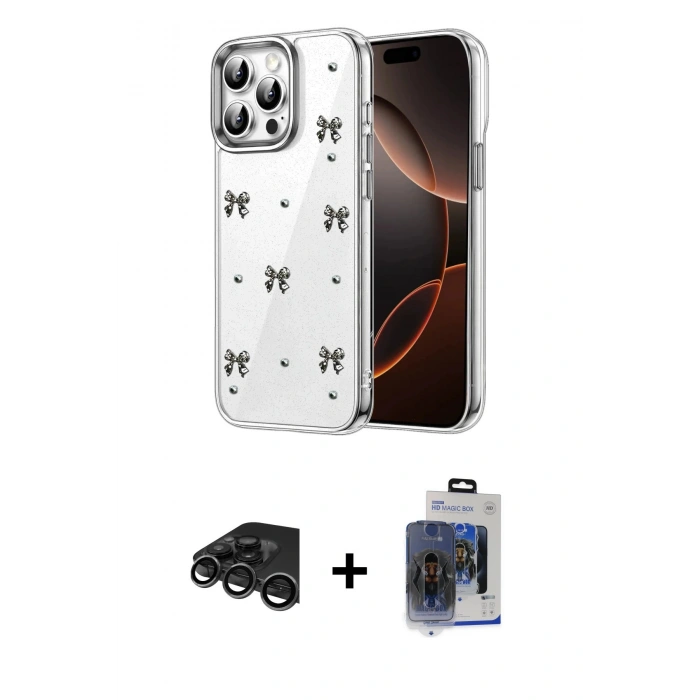 MARSİLYAN™- iPhone 15 Pro Max Kılıf Yörünge Form - Siyah Vanessa Magic Cam + Raze Metal Kamera Lens - TMGI