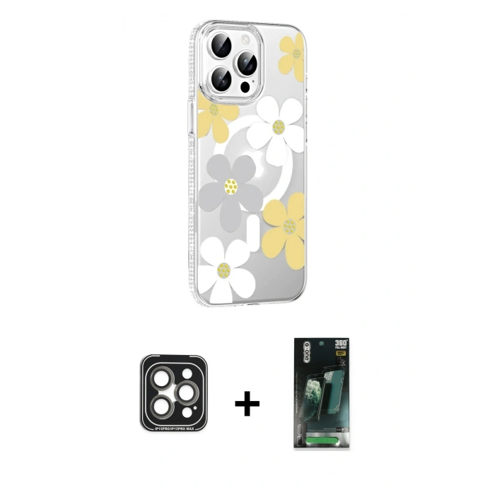 MARSİLYAN™- iPhone 15 Pro Max Kılıf Yörünge Işık Prime - Şeffaf 360 Full Body Arka Koruyucu + PVD Metal Kamera Lens - GI
