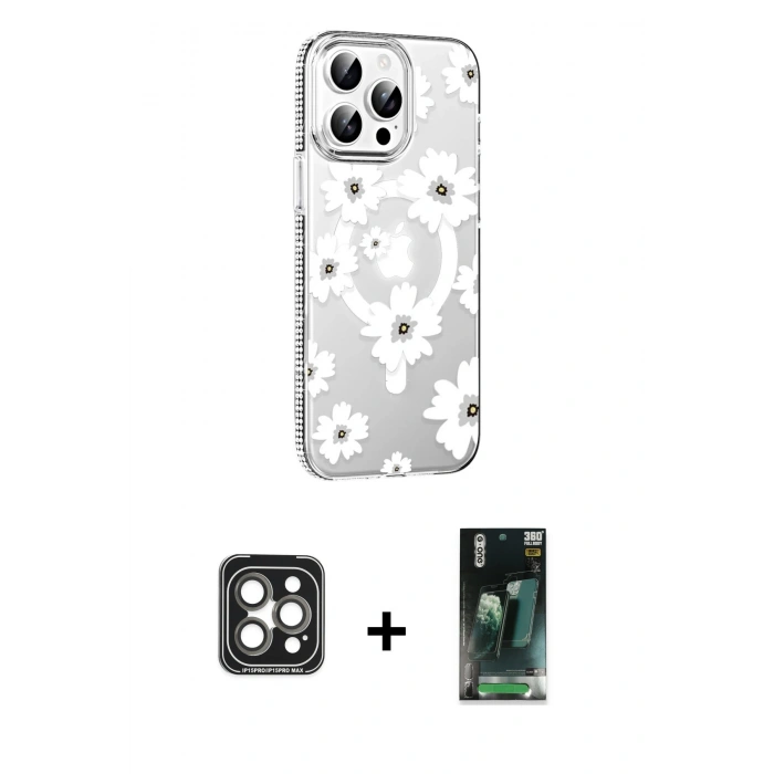 MARSİLYAN™- iPhone 15 Pro Max Kılıf Yörünge Işık Prime - Şeffaf 360 Full Body Arka Koruyucu + PVD Metal Kamera Lens - GI