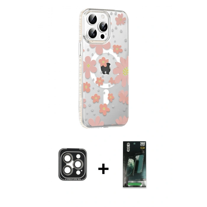 MARSİLYAN™- iPhone 15 Pro Max Kılıf Yörünge Işık Prime - Şeffaf 360 Full Body Arka Koruyucu + PVD Metal Kamera Lens - GI